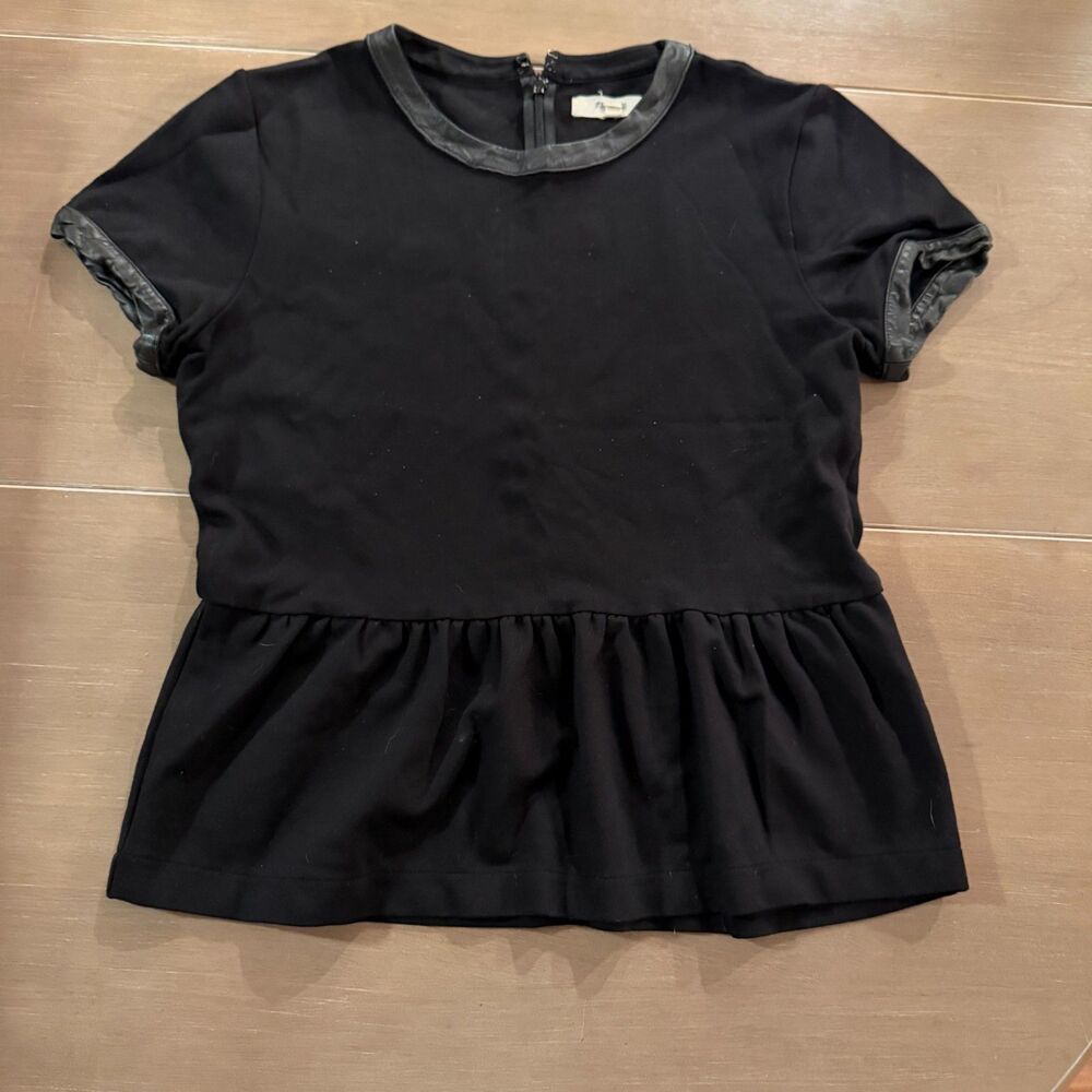 Madewell Black Peplum Top M Genuine Leather Trim Short Sleeve Back Zip